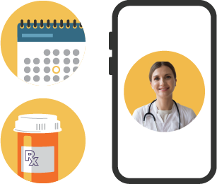 Female healthcare provides headshot on smartphone screen next to pill bottle and calendar